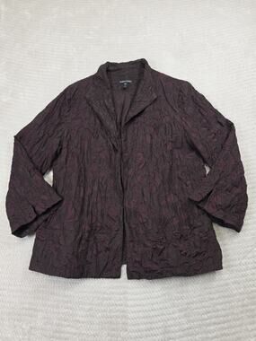 Eileen Fisher Jacket Womens Small 100% Silk Embroidered Open Front Brown